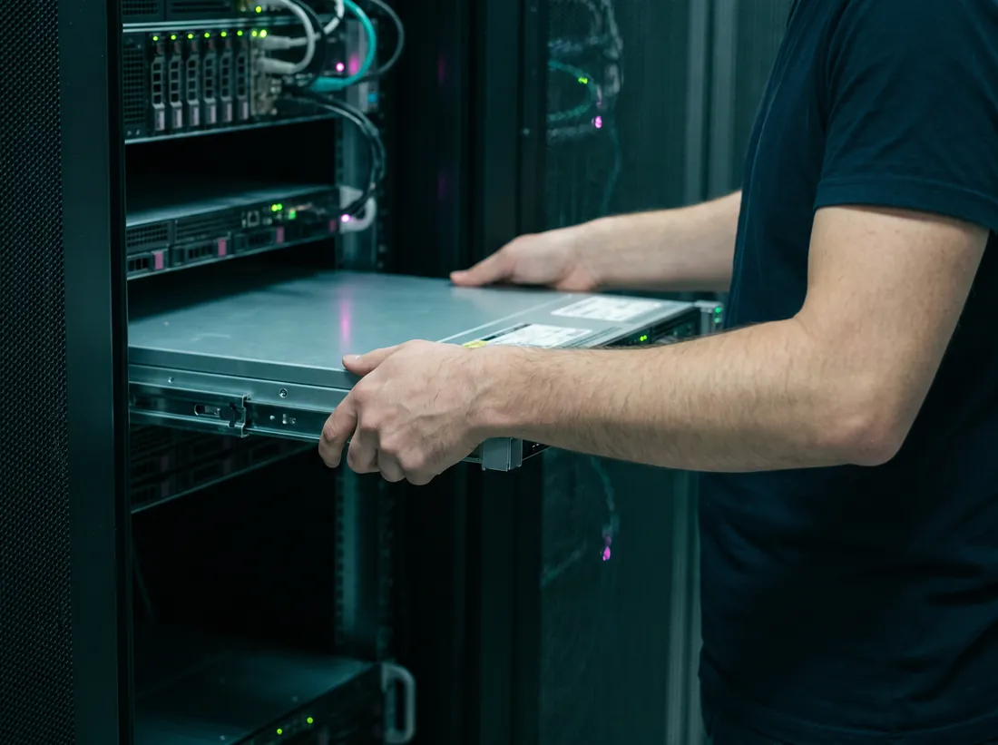 A technician sliding a server into a rack